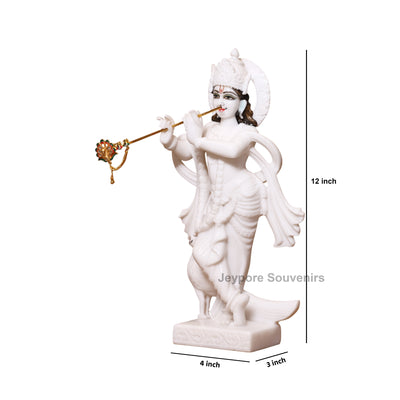 12" Stunning Pure White Marble Radha Krishna Statue Pair - Crafted by Indian Artisans