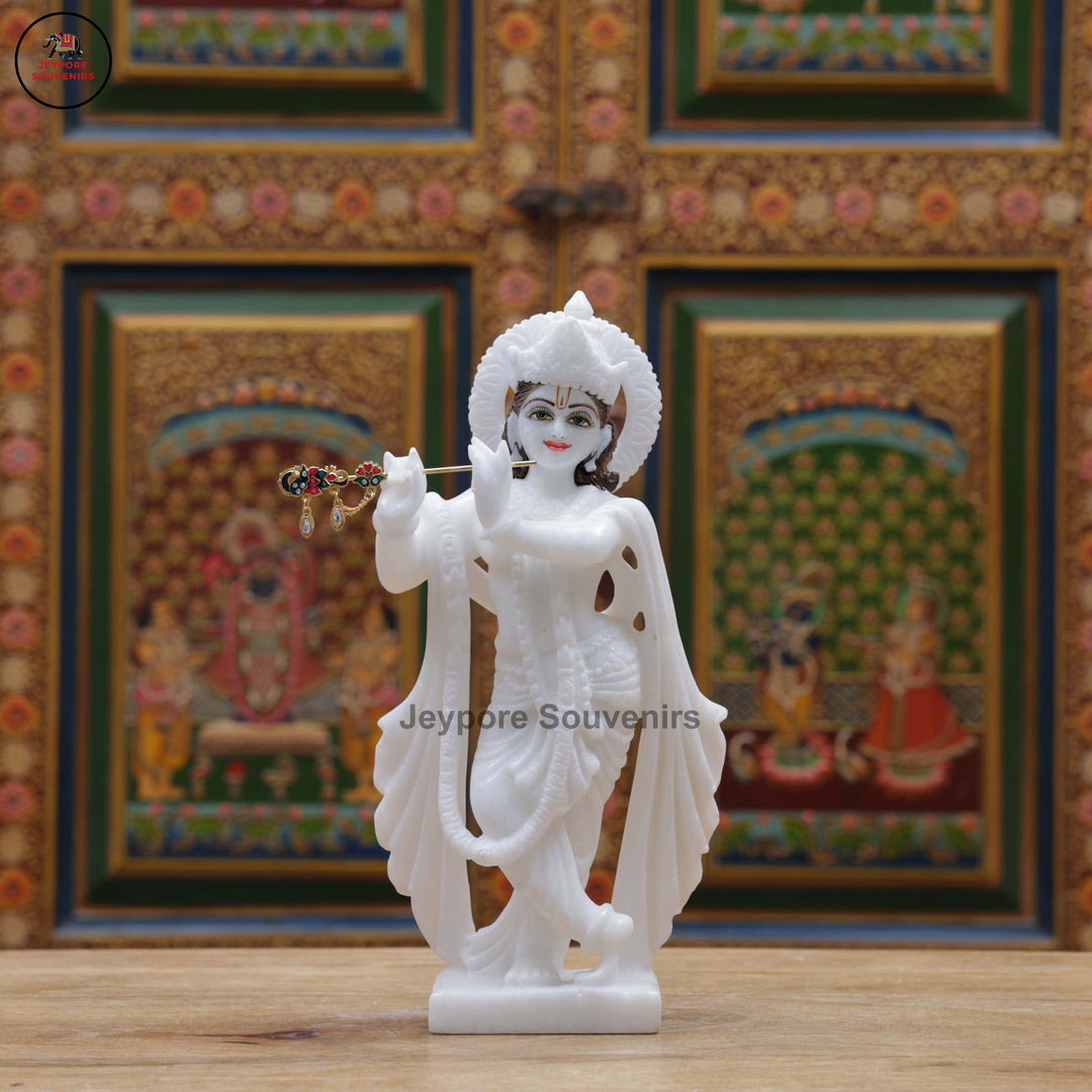 Hand-Carved Pure White Marble Radha Krishna Idol Set
