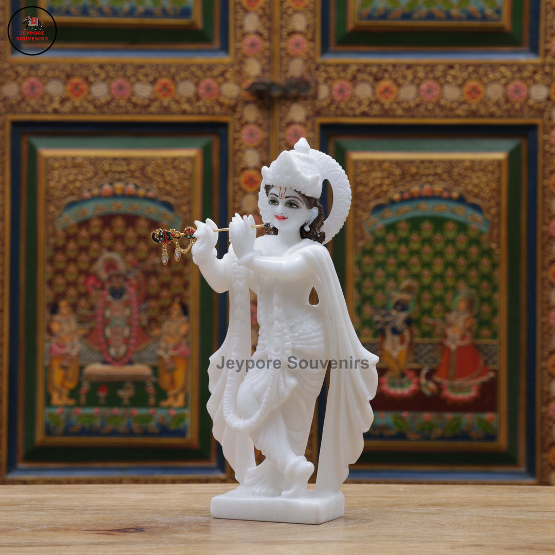 Hand-Carved Pure White Marble Radha Krishna Idol Set