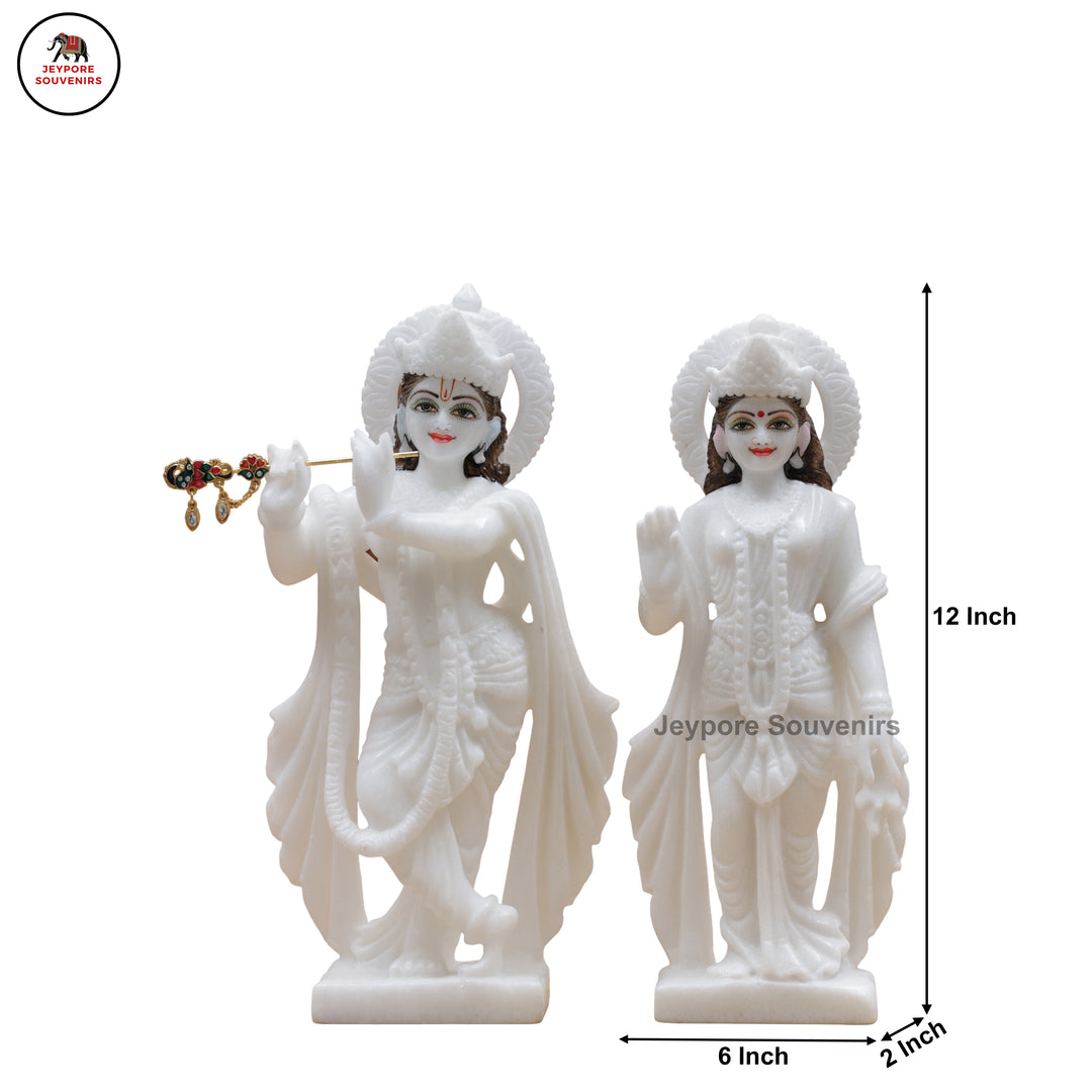 Hand-Carved Pure White Marble Radha Krishna Idol Set