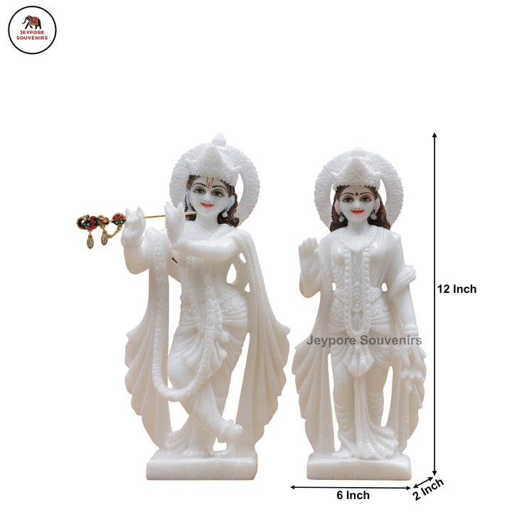 Hand-Carved Pure White Marble Radha Krishna Idol Set