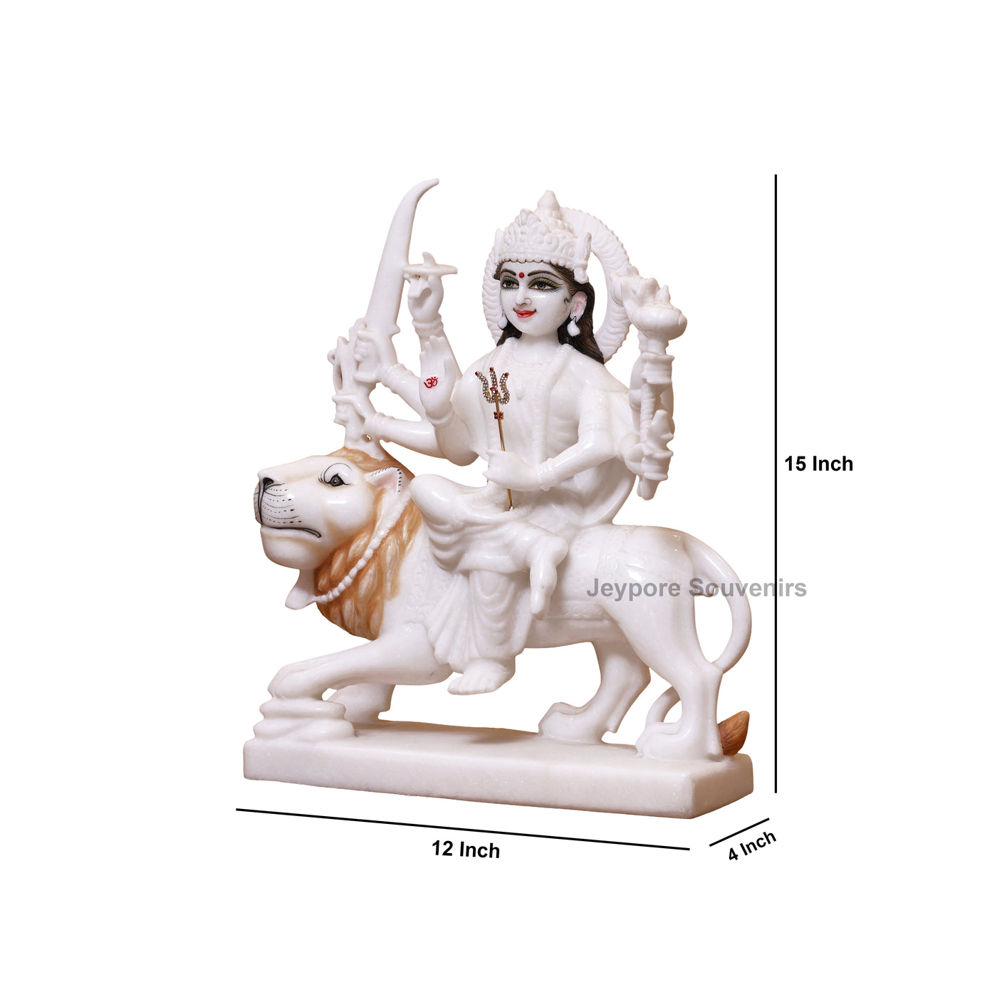 15" Handcrafted Goddess Durga Idol on Lion Made in Pure White Marble