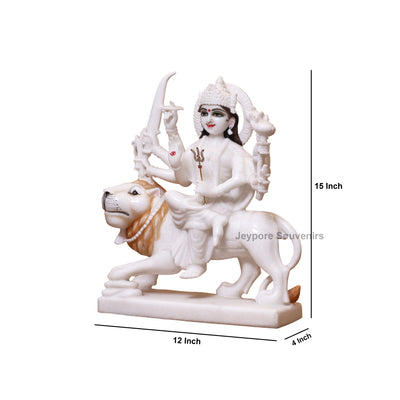 15" Handcrafted Goddess Durga Idol on Lion Made in Pure White Marble