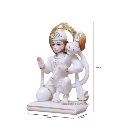 15" Exquisite White Marble Lord Hanuman Idol With Real Gold Leaf Work