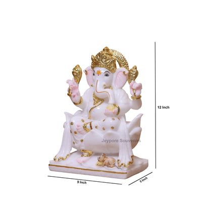 Exquisite 12" White Marble Lord Ganesha Idol with Real Gold Leaf Work