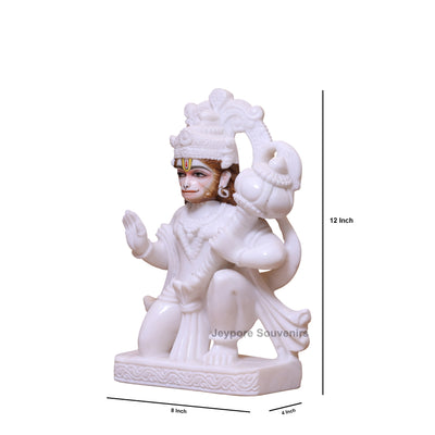 12" Pure White Marble Kneeling Lord Hanuman Murti