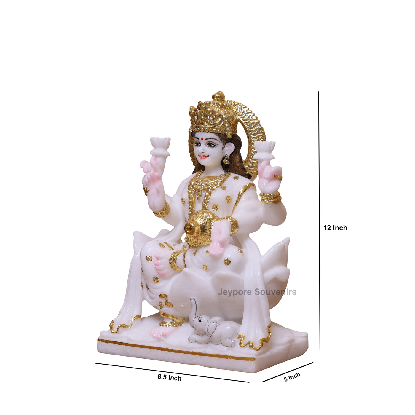 Exquisite 12" White Marble Goddess Lakshmi Statue with Real Gold Leaf Work