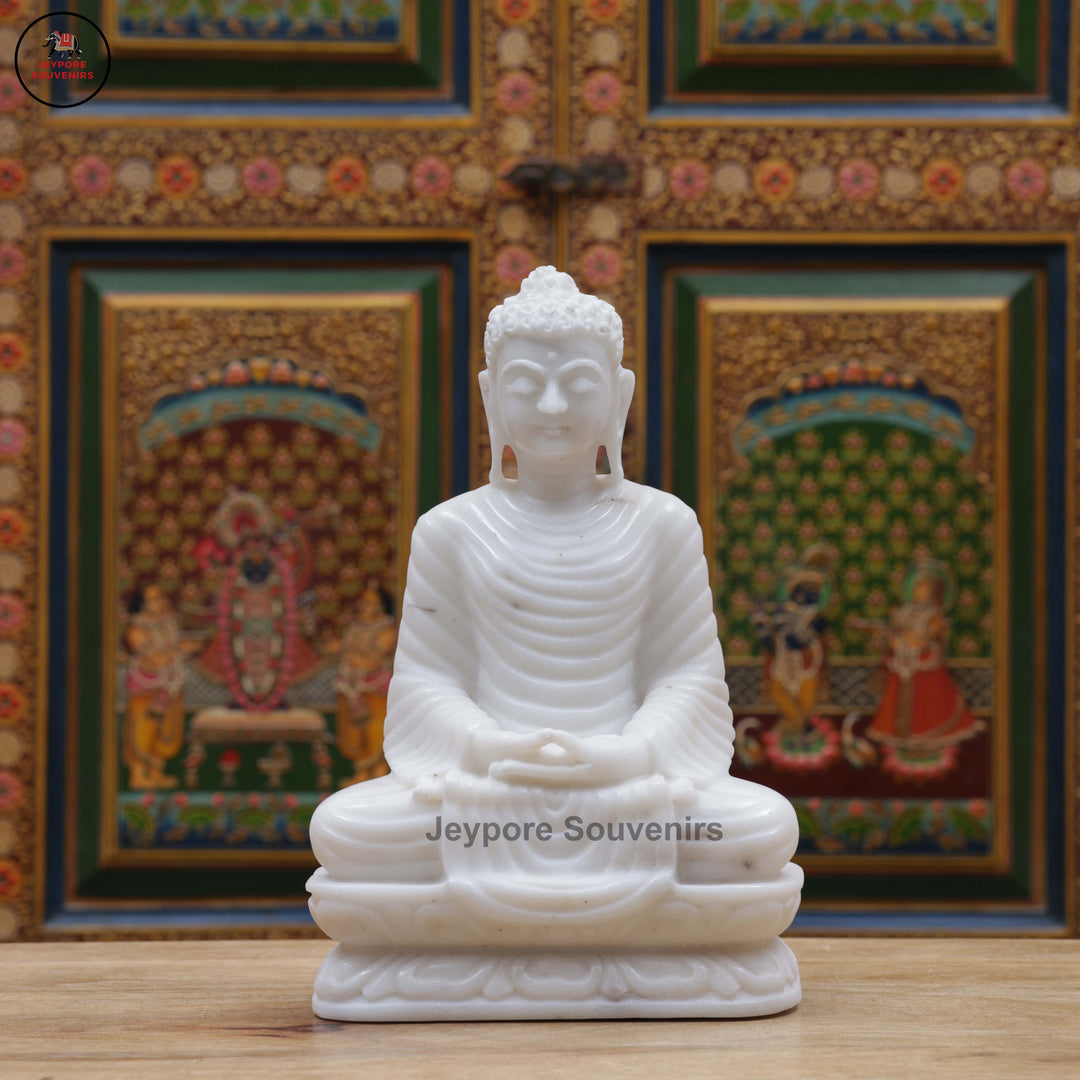 Hand-Carved White Marble Buddha Statue in Dhyana Mudra