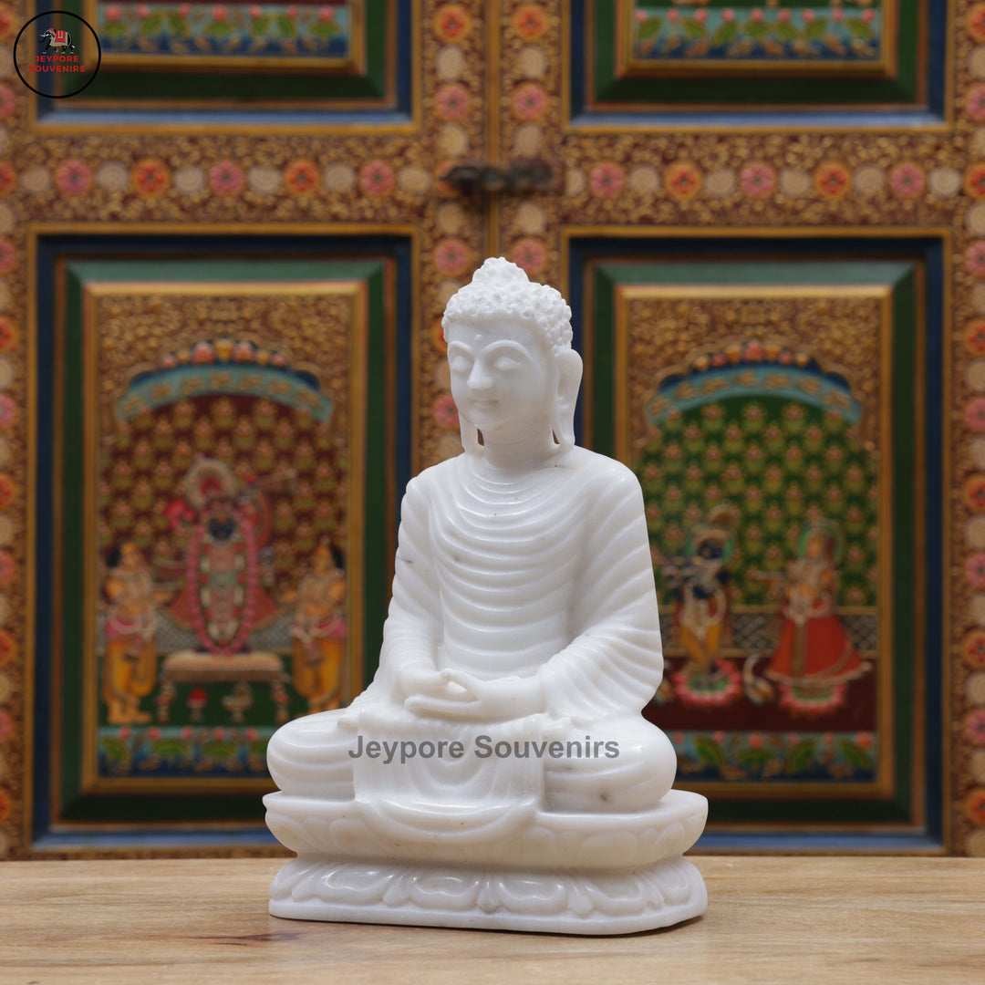 Hand-Carved White Marble Buddha Statue in Dhyana Mudra