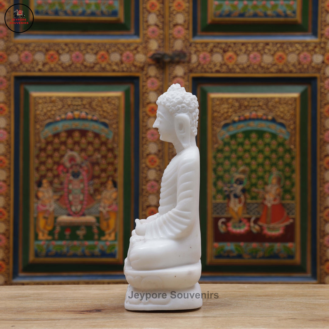Hand-Carved White Marble Buddha Statue in Dhyana Mudra