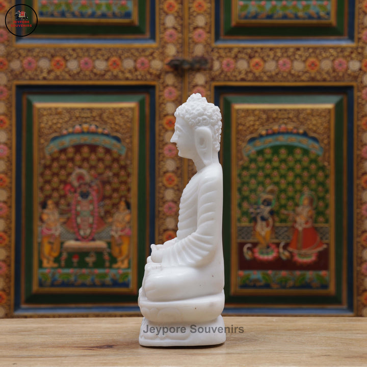 Hand-Carved White Marble Buddha Statue in Dhyana Mudra