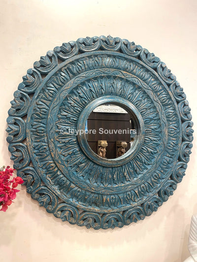 Hand carved Blue colored wooden round wall mirror