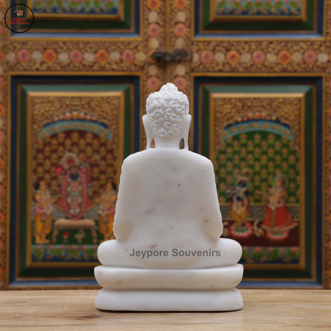 Hand-Carved White Marble Buddha Statue in Dhyana Mudra