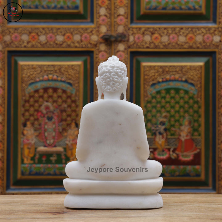 Hand-Carved White Marble Buddha Statue in Dhyana Mudra