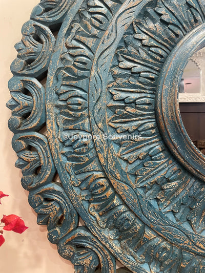 Hand carved Blue colored wooden round wall mirror