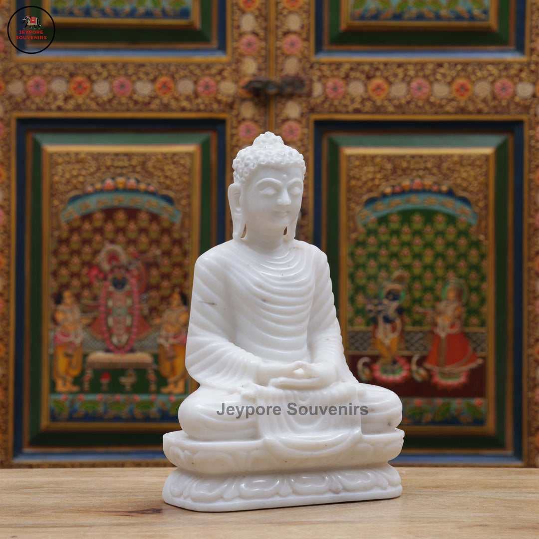 Hand-Carved White Marble Buddha Statue in Dhyana Mudra