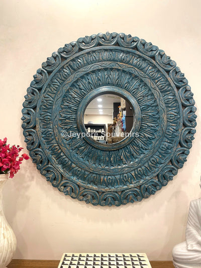 Hand carved Blue colored wooden round wall mirror