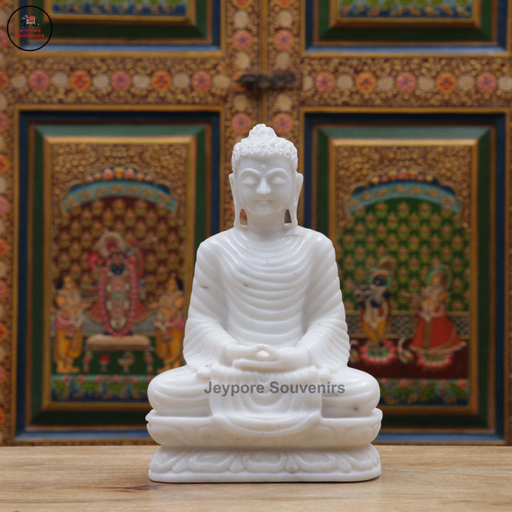 Hand-Carved White Marble Buddha Statue in Dhyana Mudra