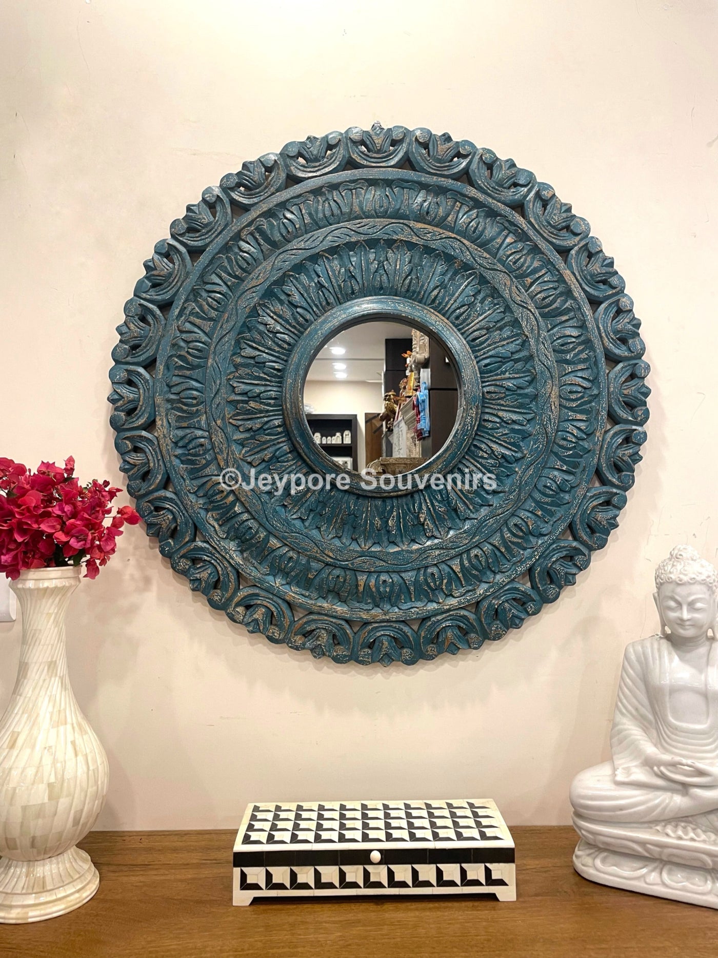 Hand carved Blue colored wooden round wall mirror