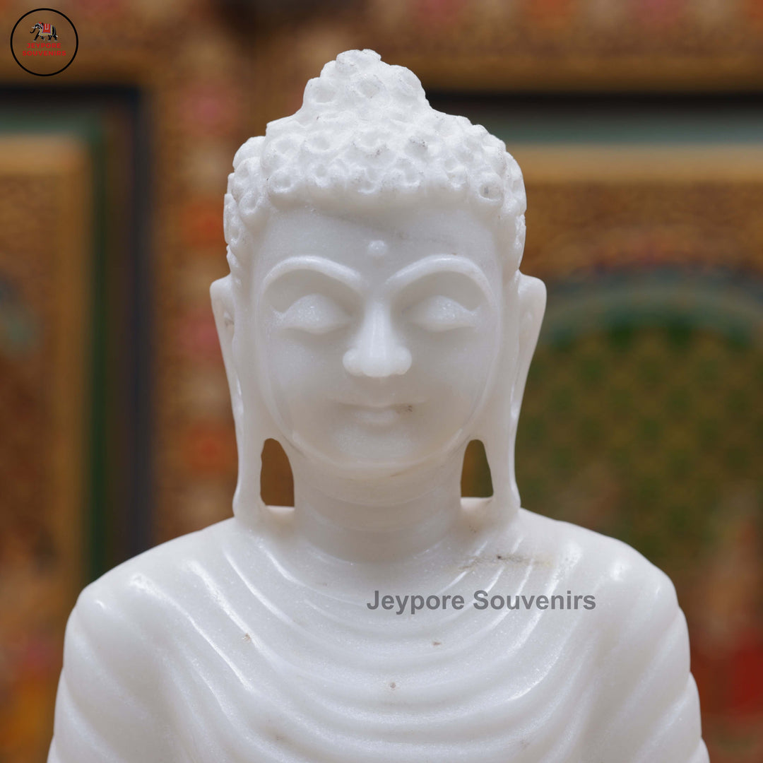 Hand-Carved White Marble Buddha Statue in Dhyana Mudra