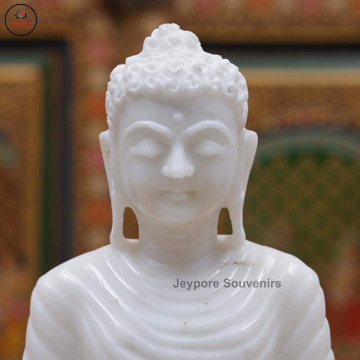 Hand-Carved White Marble Buddha Statue in Dhyana Mudra