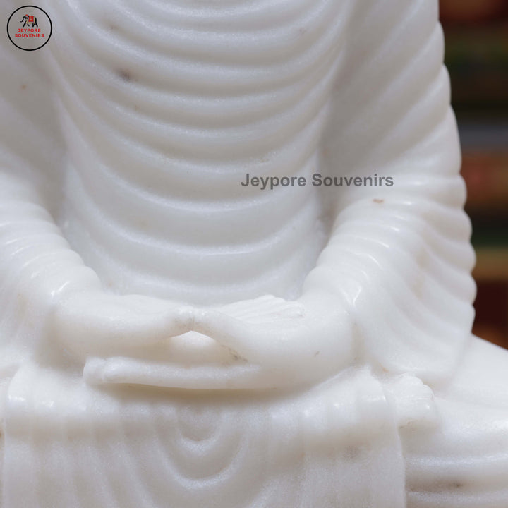 Hand-Carved White Marble Buddha Statue in Dhyana Mudra