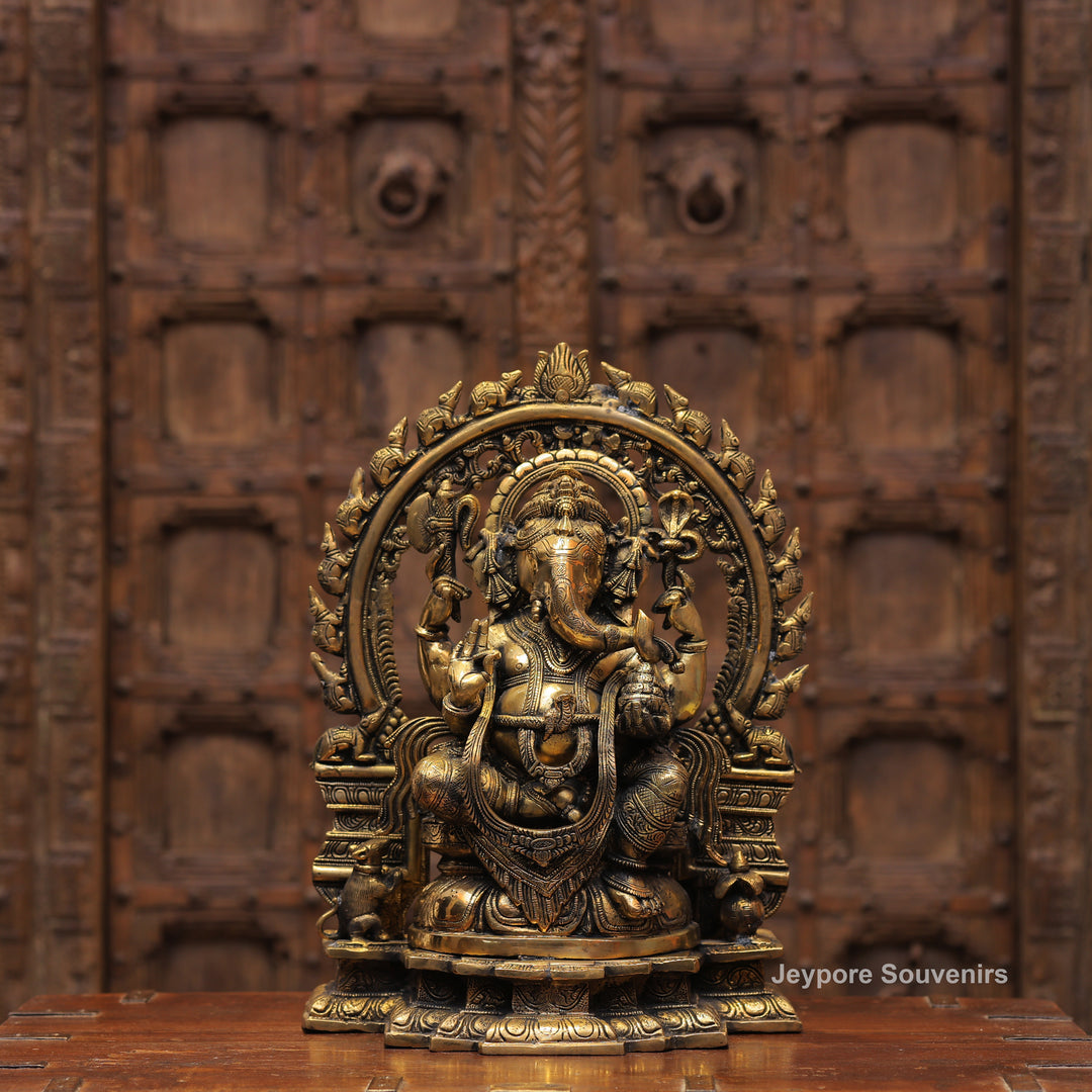 Handcrafted Antique Brass Lord Ganesha Idol with Prabhavali Arch