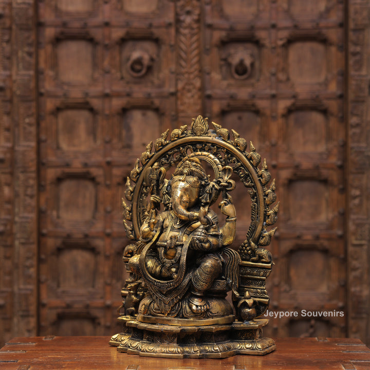 Handcrafted Antique Brass Lord Ganesha Idol with Prabhavali Arch
