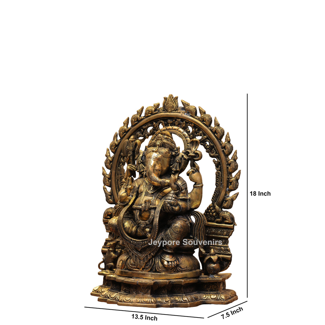 Handcrafted Antique Brass Lord Ganesha Idol with Prabhavali Arch