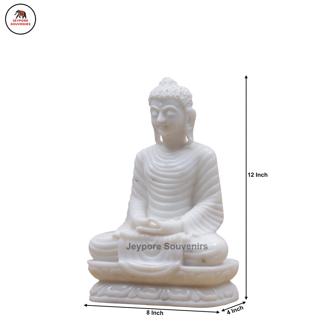 Hand-Carved White Marble Buddha Statue in Dhyana Mudra