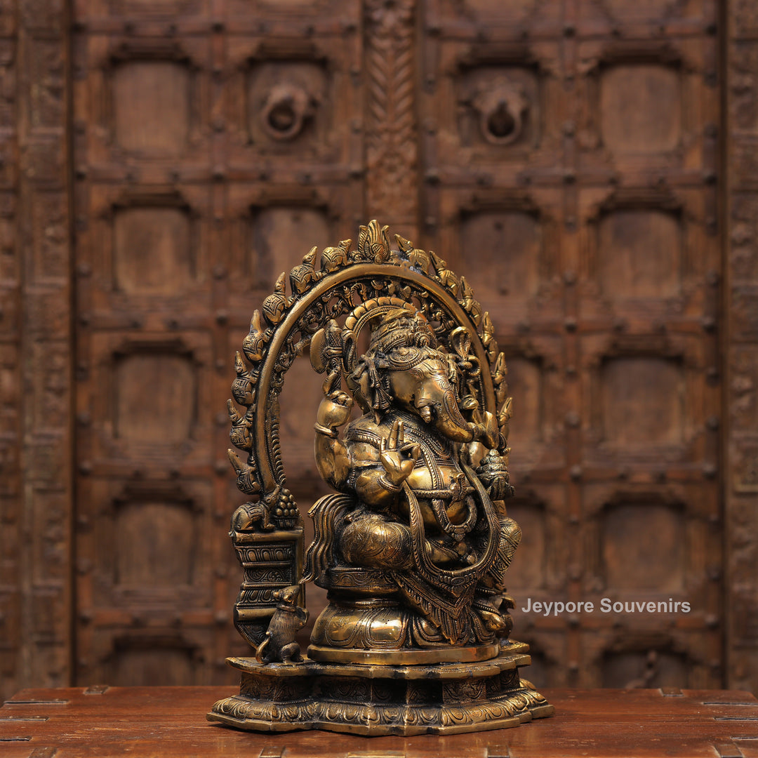 Handcrafted Antique Brass Lord Ganesha Idol with Prabhavali Arch