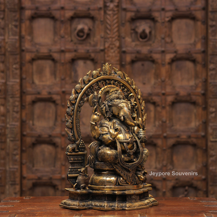 Handcrafted Antique Brass Lord Ganesha Idol with Prabhavali Arch