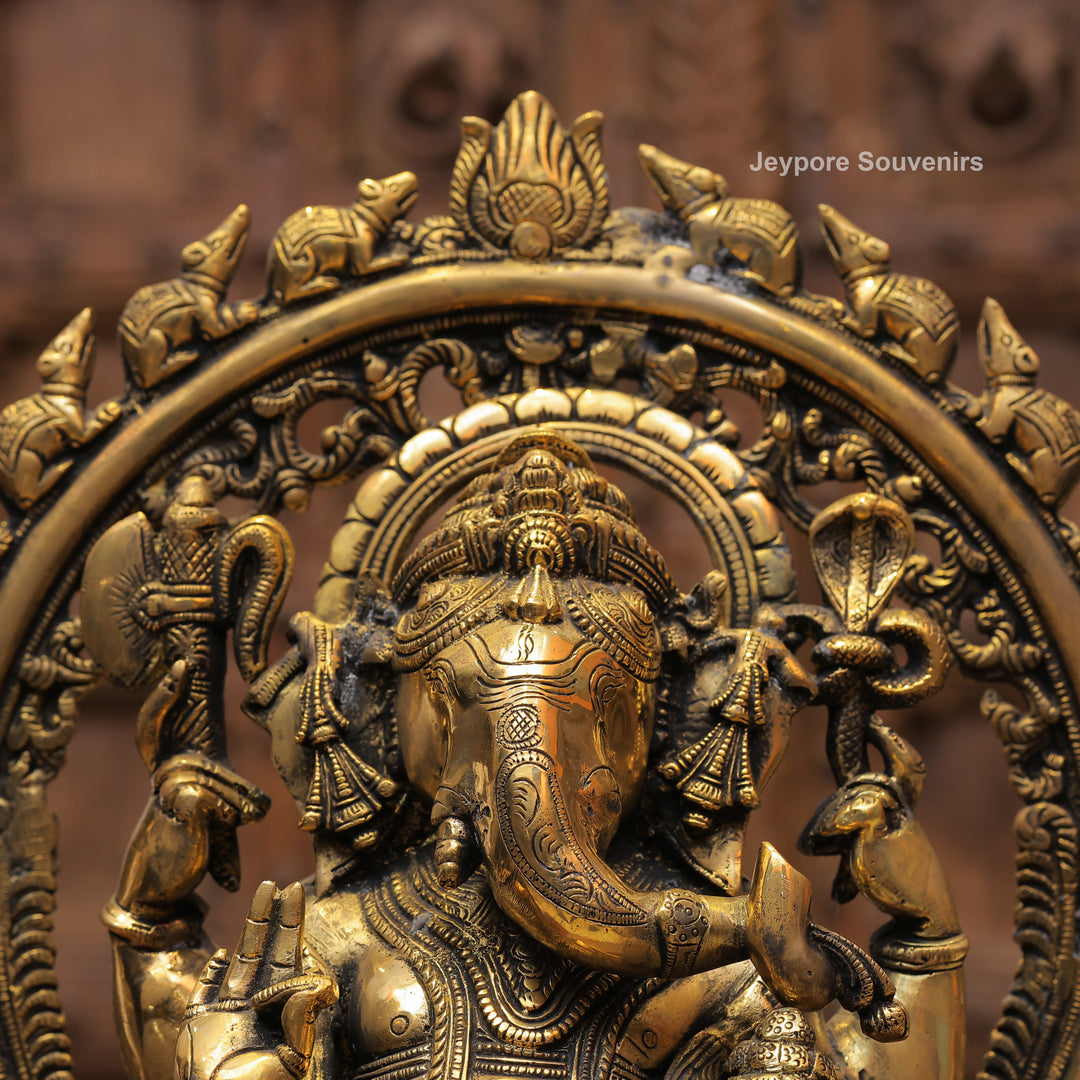 Handcrafted Antique Brass Lord Ganesha Idol with Prabhavali Arch