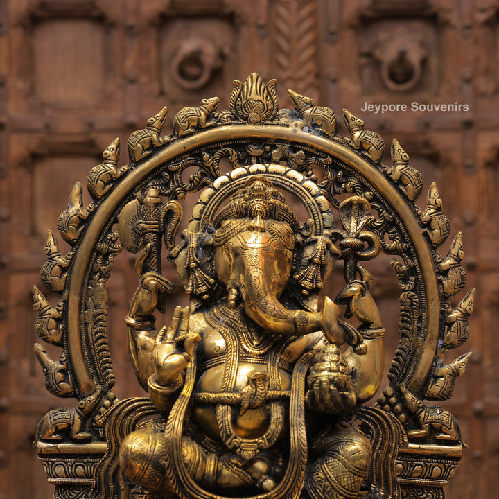 Handcrafted Antique Brass Lord Ganesha Idol with Prabhavali Arch
