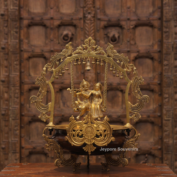 Handcrafted Brass Radha Krishna Jhula Urli with Peacock Prabhavali