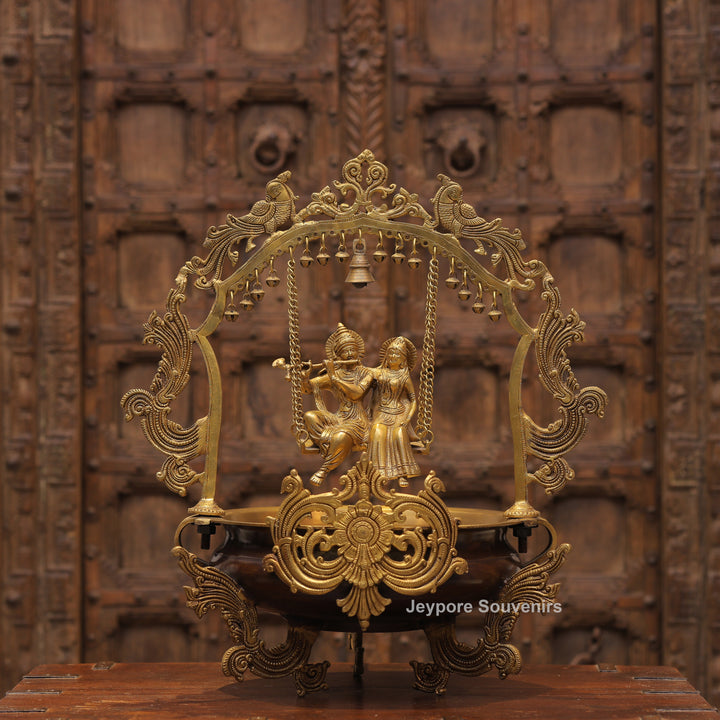Handcrafted Brass Radha Krishna Jhula Urli with Peacock Prabhavali