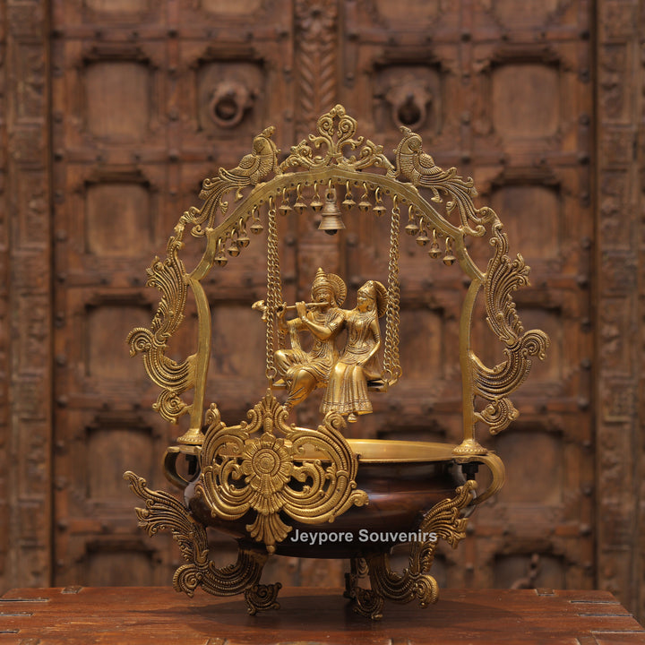 Handcrafted Brass Radha Krishna Jhula Urli with Peacock Prabhavali