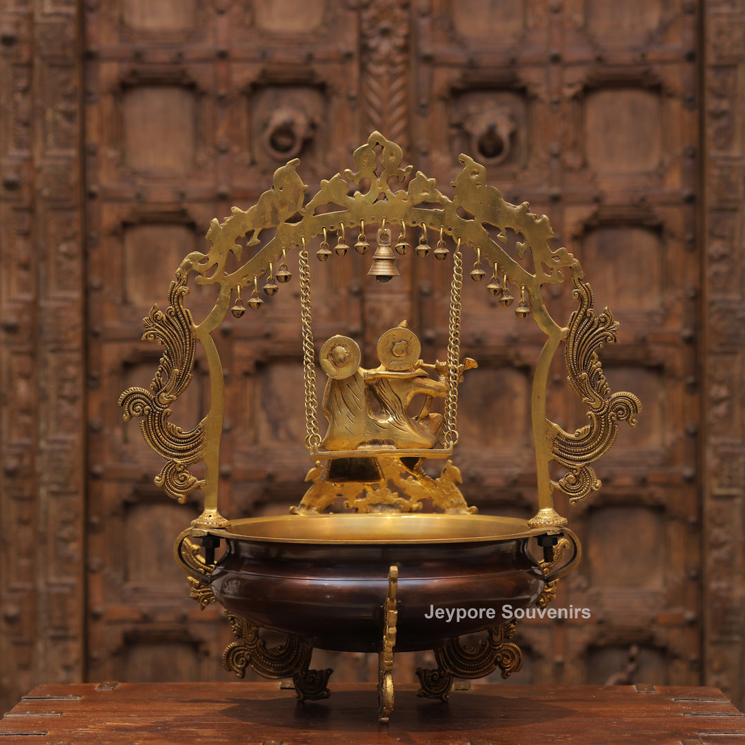 Handcrafted Brass Radha Krishna Jhula Urli with Peacock Prabhavali