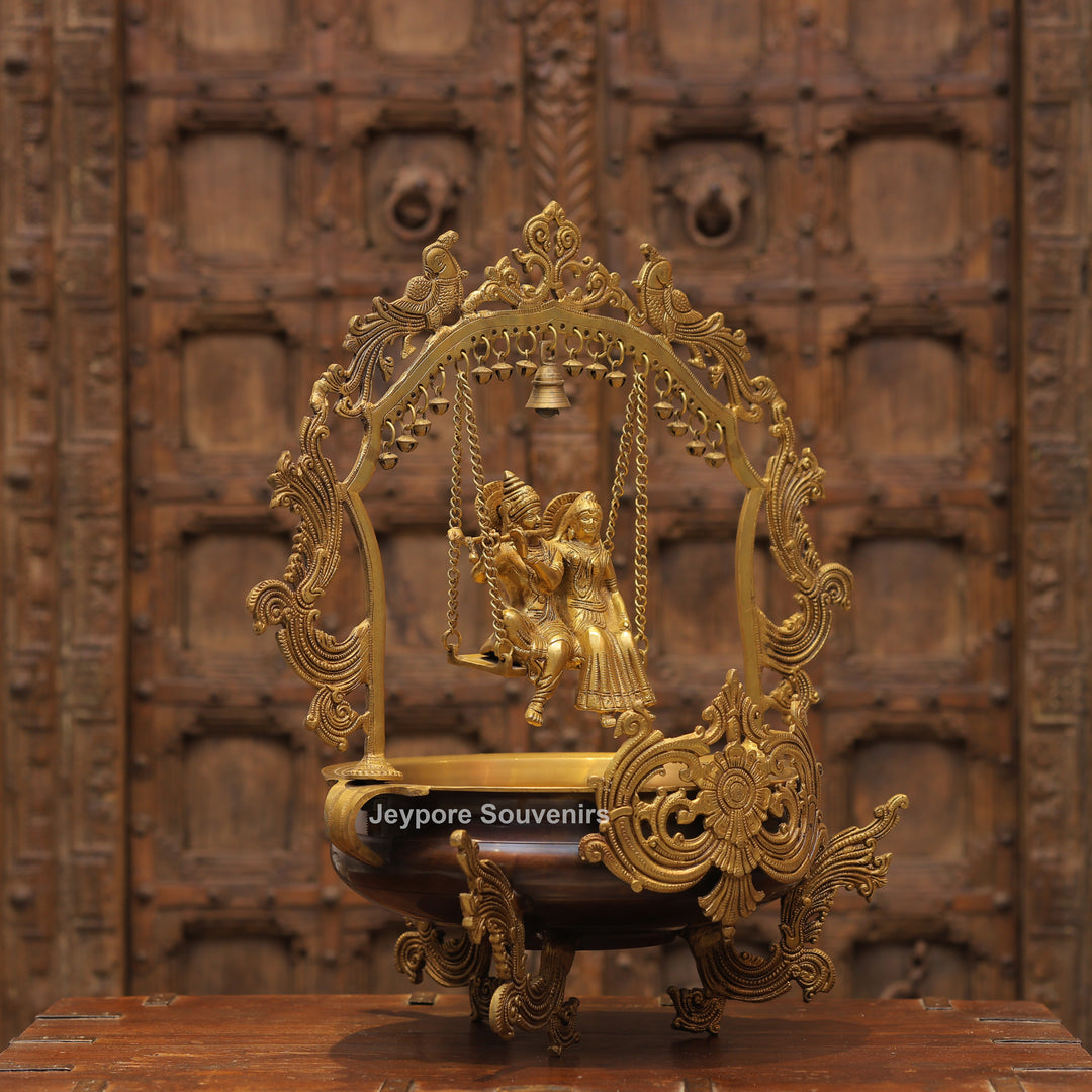 Handcrafted Brass Radha Krishna Jhula Urli with Peacock Prabhavali