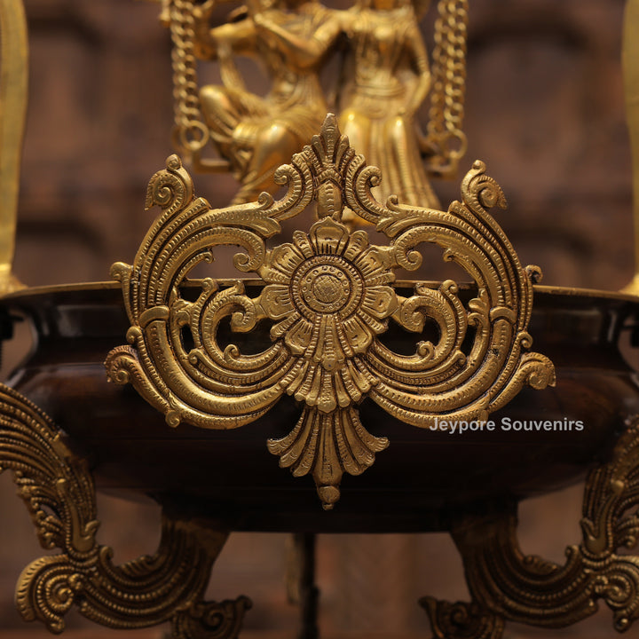 Handcrafted Brass Radha Krishna Jhula Urli with Peacock Prabhavali