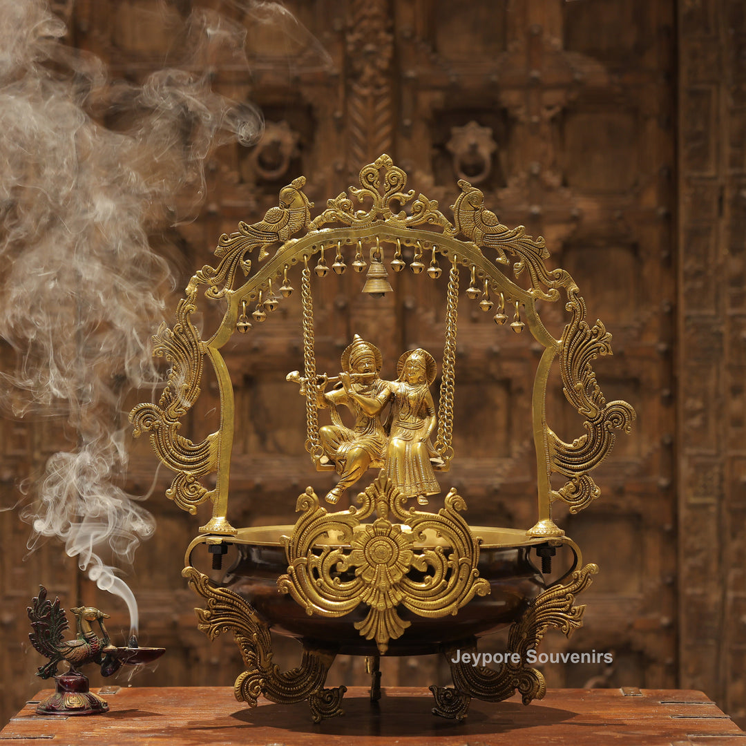 Handcrafted Brass Radha Krishna Jhula Urli with Peacock Prabhavali