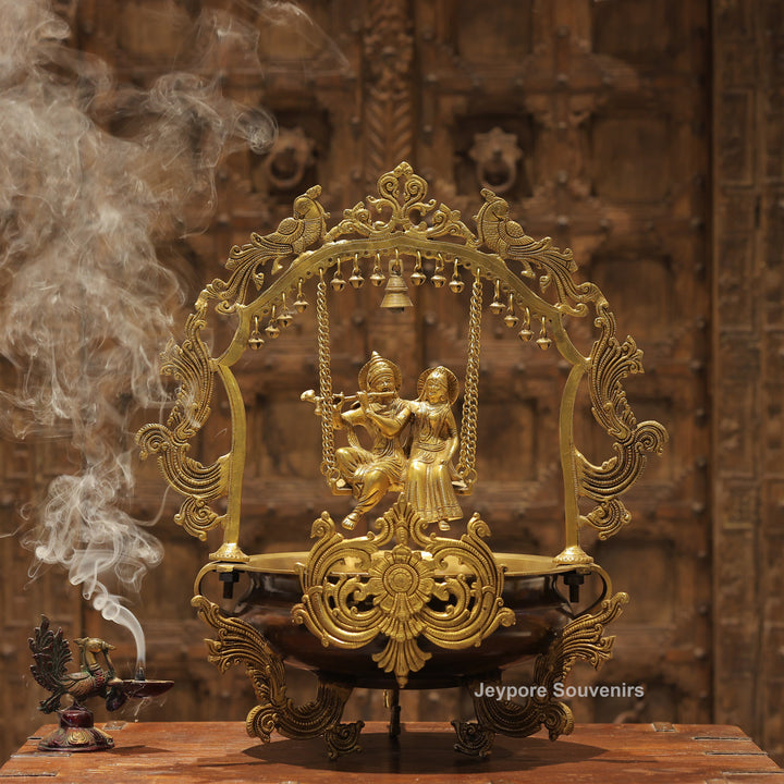 Handcrafted Brass Radha Krishna Jhula Urli with Peacock Prabhavali