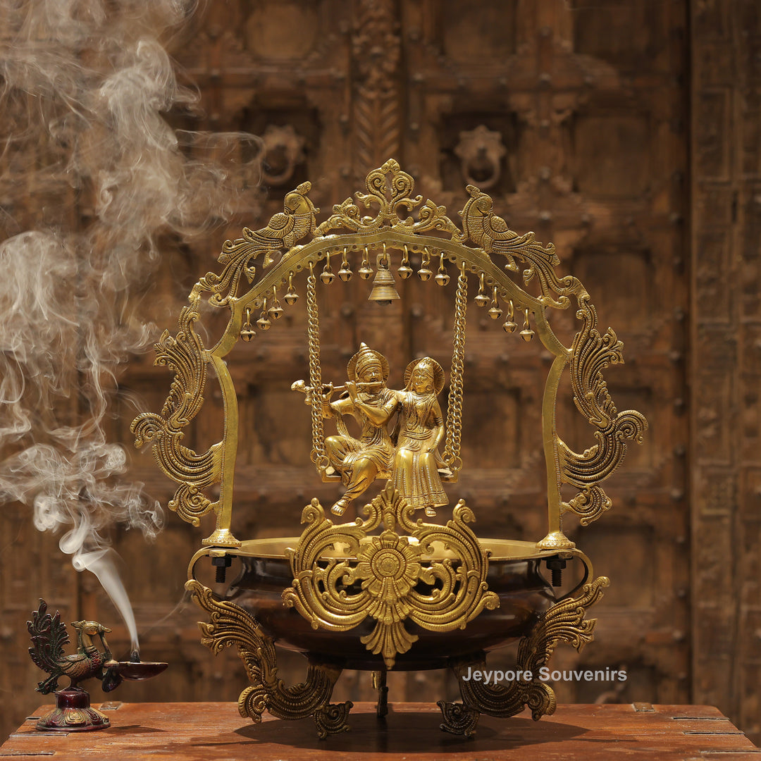 Handcrafted Brass Radha Krishna Jhula Urli with Peacock Prabhavali