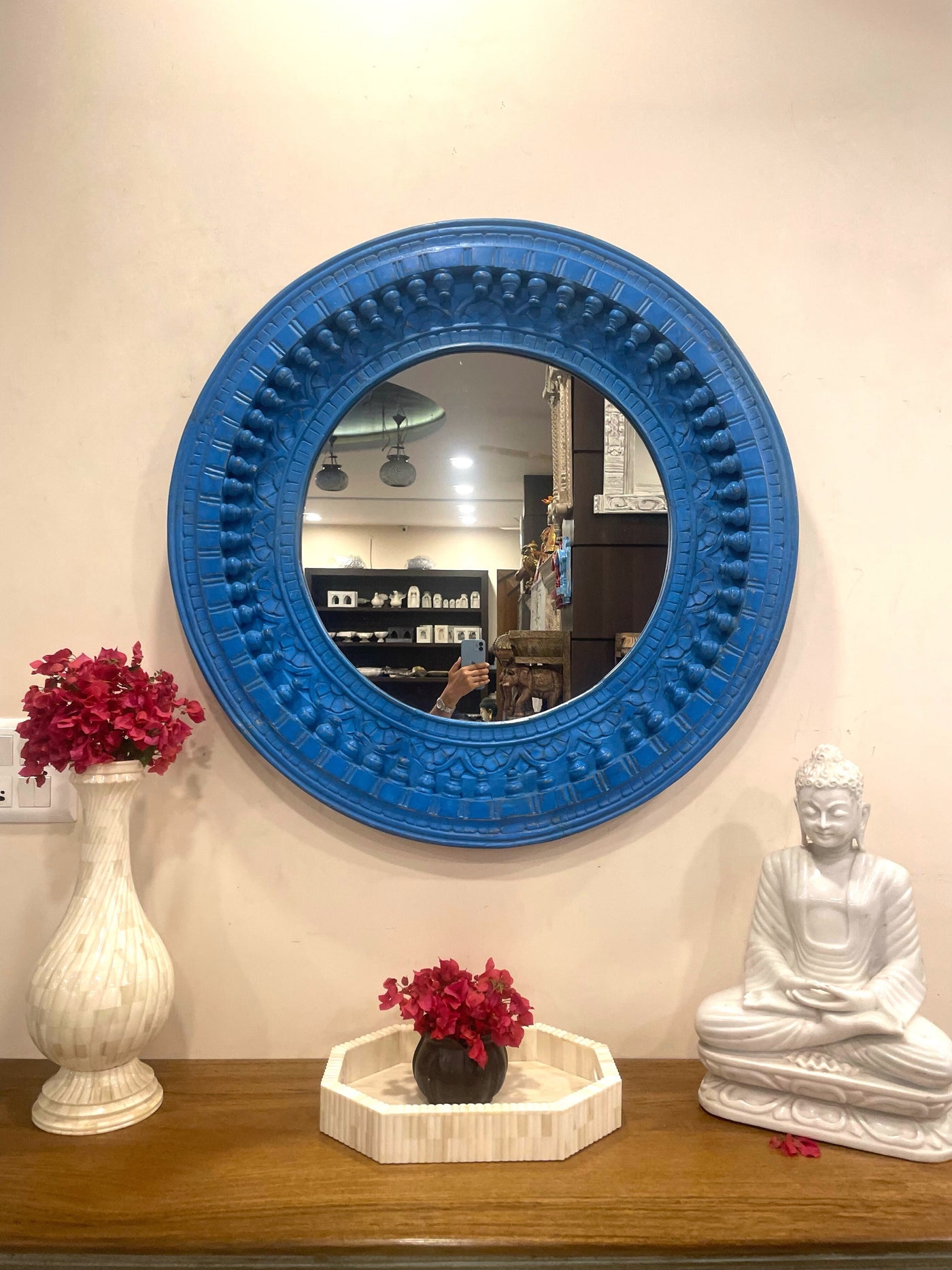 Hand carved wooden round wall mirror