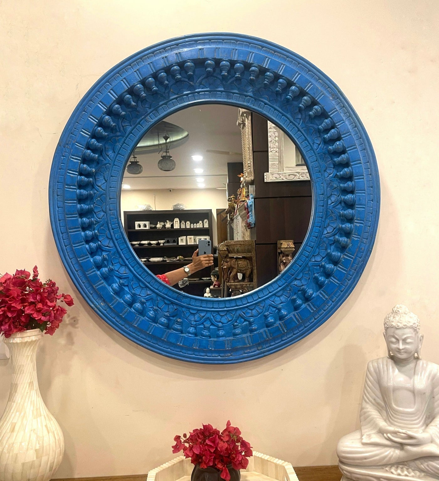 Hand carved wooden round wall mirror