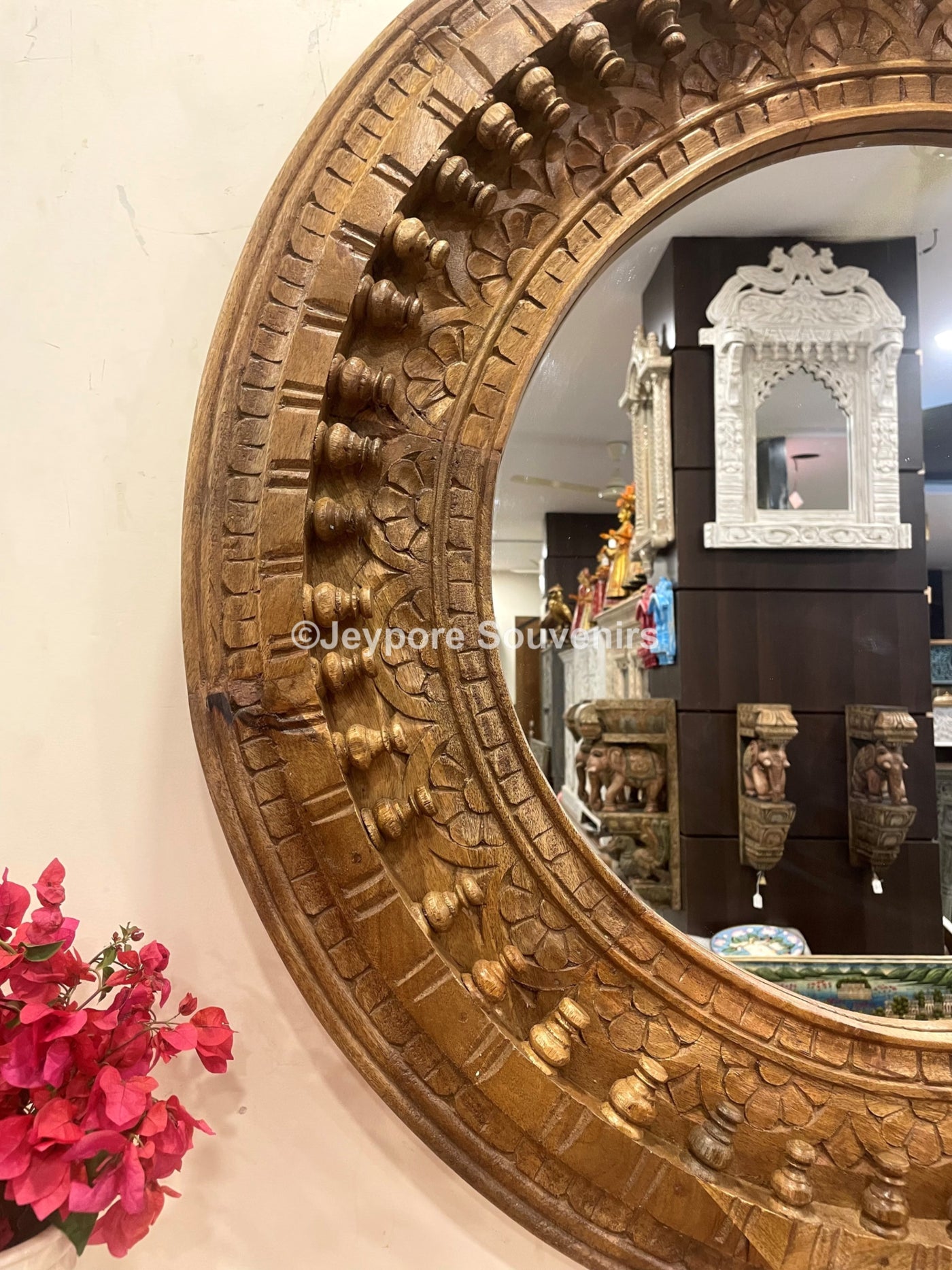 Hand carved wooden round wall mirror