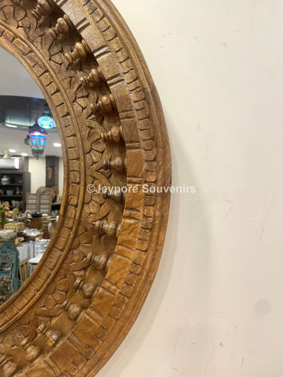 Hand carved wooden round wall mirror