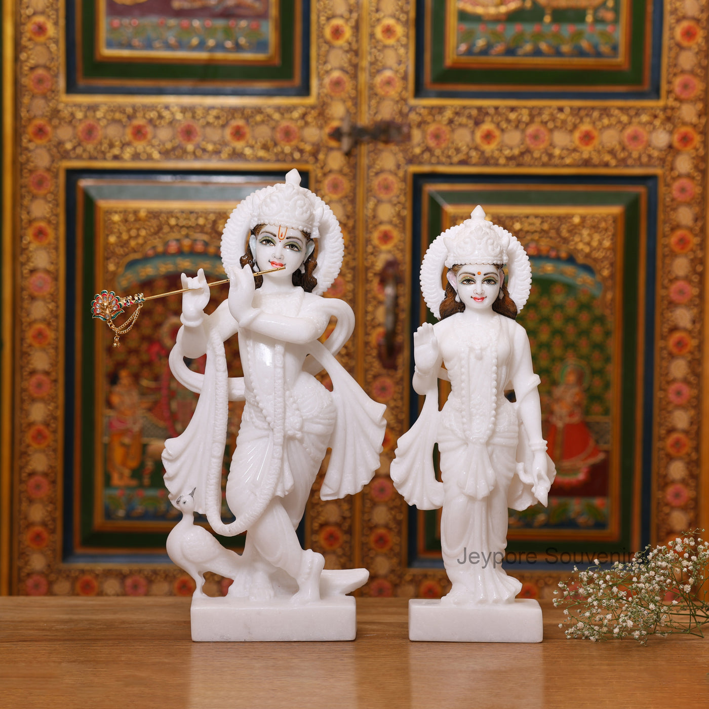 15" Pure White Marble Radha Krishna Pair Statues | Handcrafted Idols from Jeypore Souvenirs