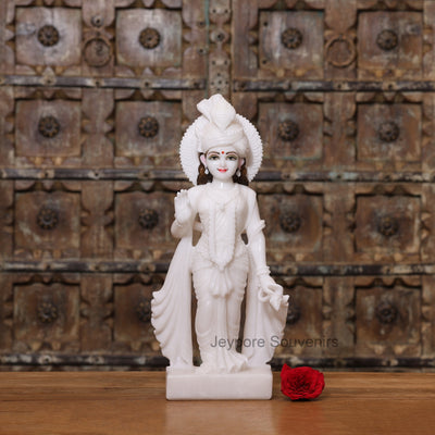 18" Handcrafted Pure White Marble Radha Krishna Pair Statues – Traditional Indian Artisan Craft