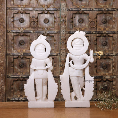 18" Handcrafted Pure White Marble Radha Krishna Pair Statues – Traditional Indian Artisan Craft